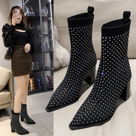2022 new arrival women plus size cusp mouth rhinestone transparent high heels short booties stretchy sexy customized logo boots