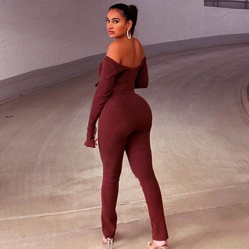 2022 new arrivals sexy off shoulder long sleeve crop top and Slit button pants two pieces set women