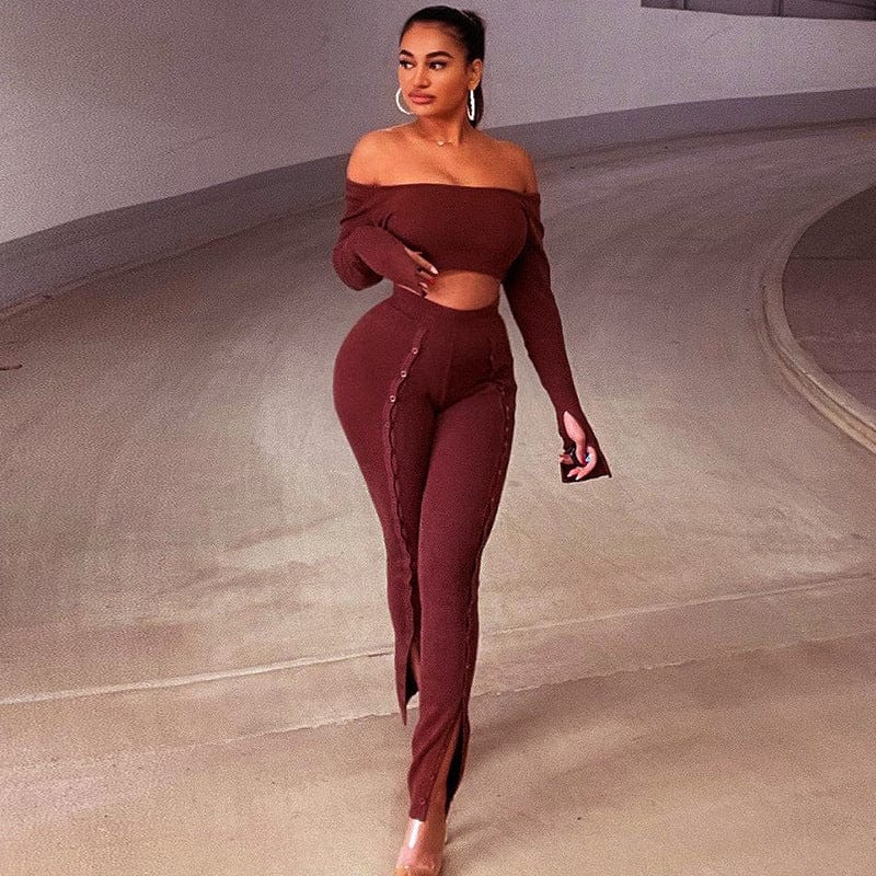 2022 new arrivals sexy off shoulder long sleeve crop top and Slit button pants two pieces set women