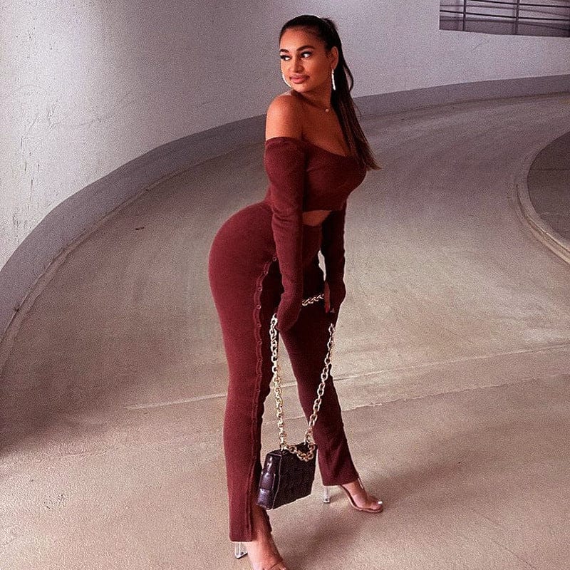 2022 new arrivals sexy off shoulder long sleeve crop top and Slit button pants two pieces set women