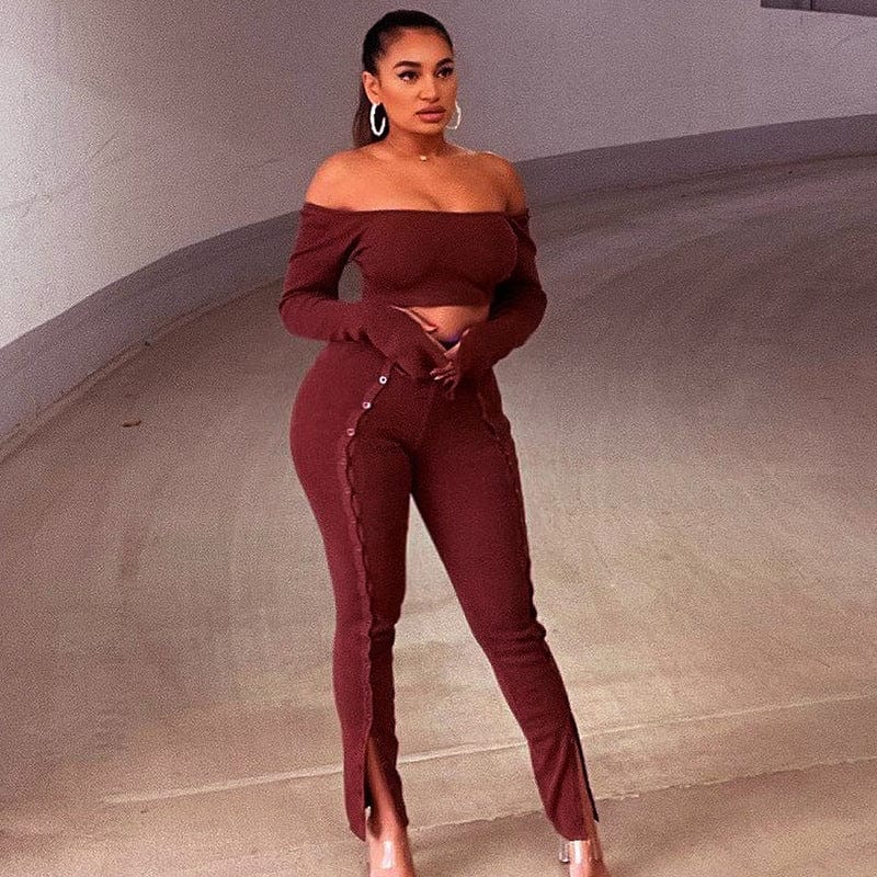 2022 new arrivals sexy off shoulder long sleeve crop top and Slit button pants two pieces set women