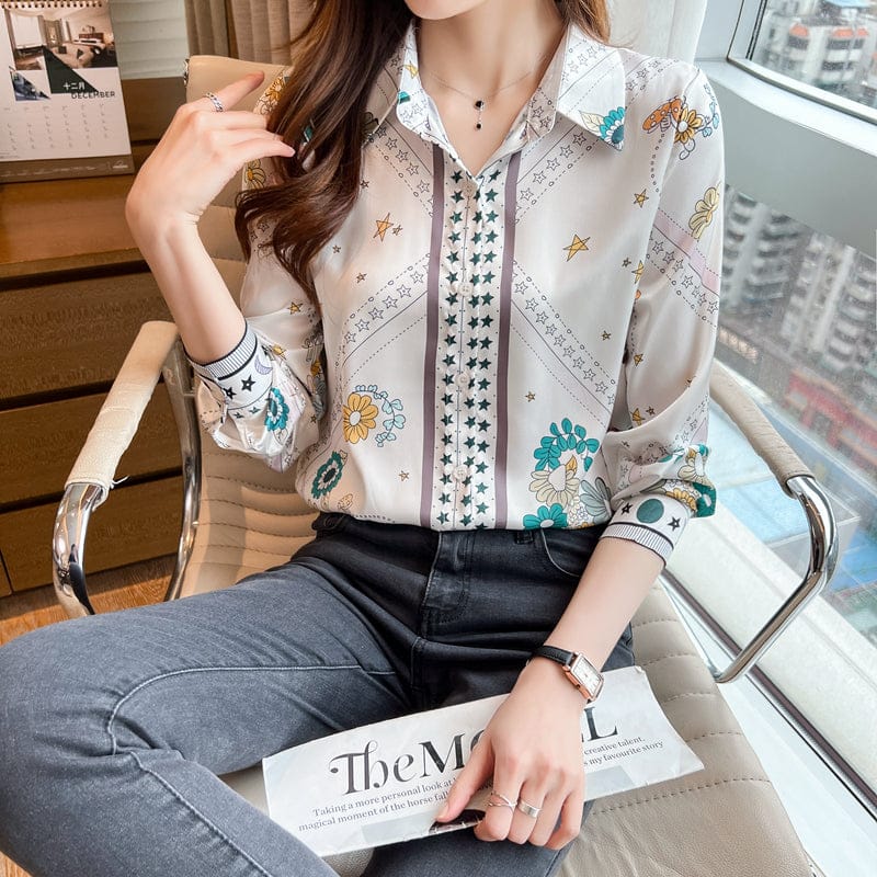 2022 New Autumn Women Chic Polo Floral Cartoon Print Silk Shirts Women Long Sleeve Basic Shirts Blouse For Ladies