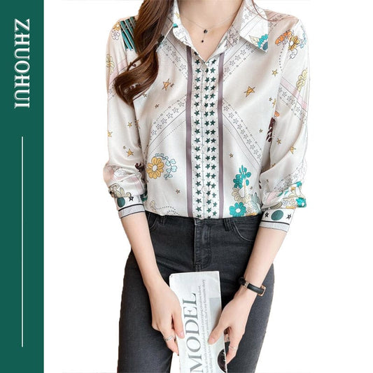 2022 New Autumn Women Chic Polo Floral Cartoon Print Silk Shirts Women Long Sleeve Basic Shirts Blouse For Ladies