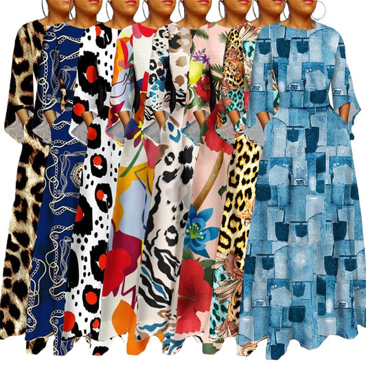 2022 new beautiful modest dress casual women plus size floral print fabric long sleeve beach maxi long dress women clothing