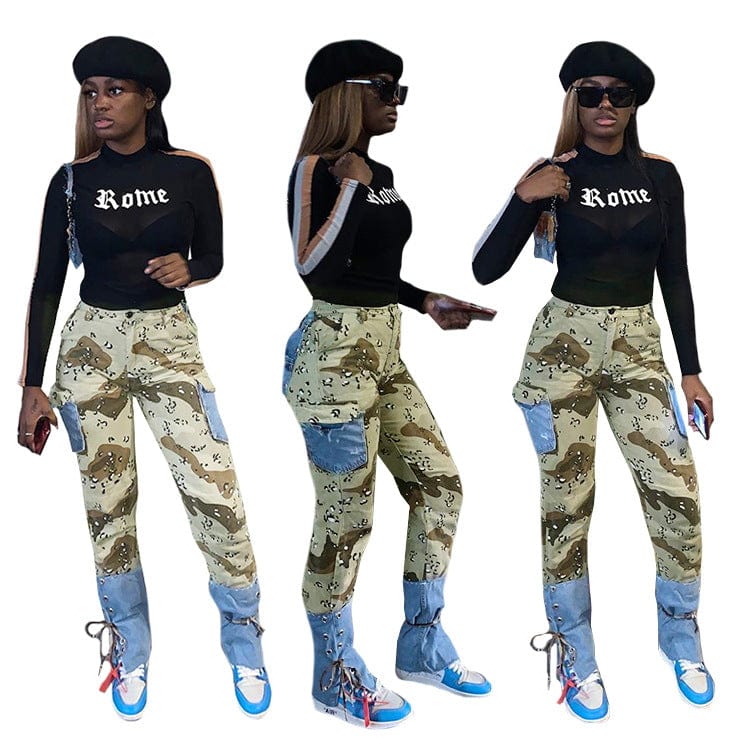 2022 New Design Stylish Jeans Long Pants Bandage Patchwork Cargo Pants Camouflage High Waist Cargo Pants