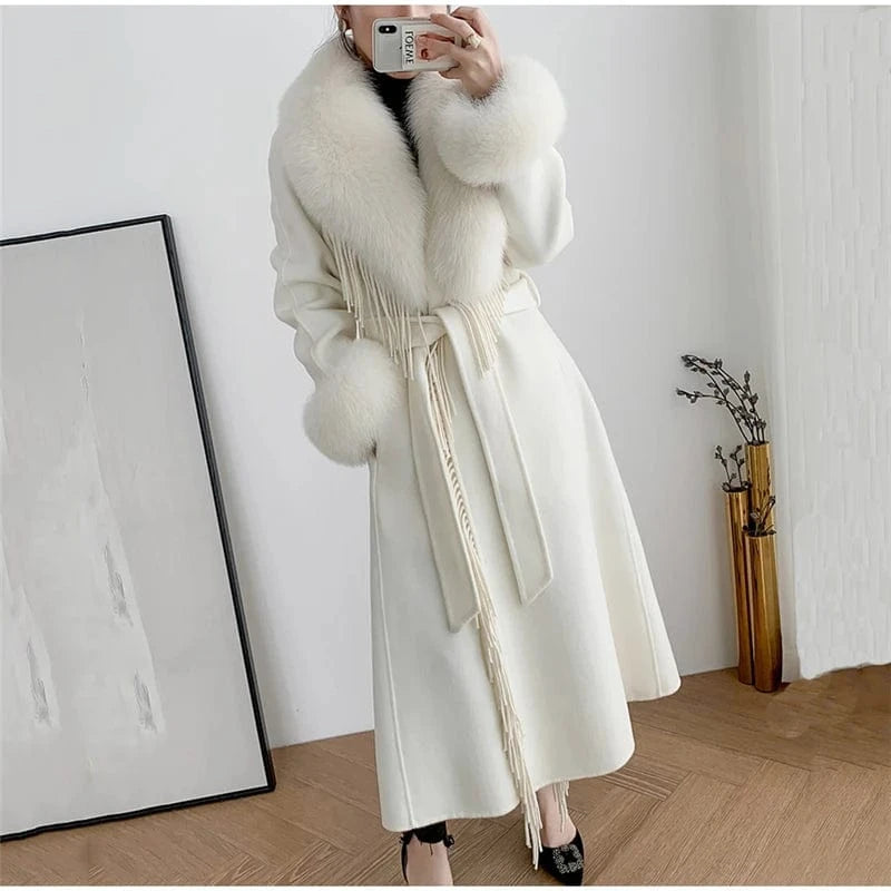 2022 New Elegant Belted Tassels Fashion Blue Color Women Long Wool Cashmere Coat