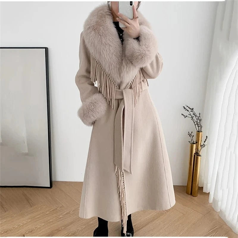 2022 New Elegant Belted Tassels Fashion Blue Color Women Long Wool Cashmere Coat