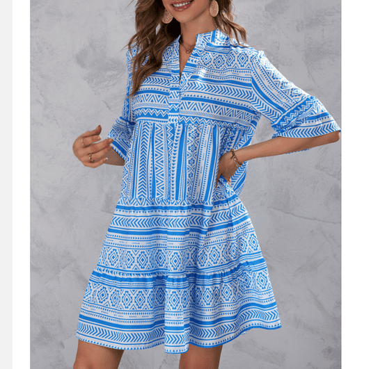 2022 New Europe Fashion Lady Half Sleeve Stand Neck Dress Special A-line Printed Knee Dress Clothes