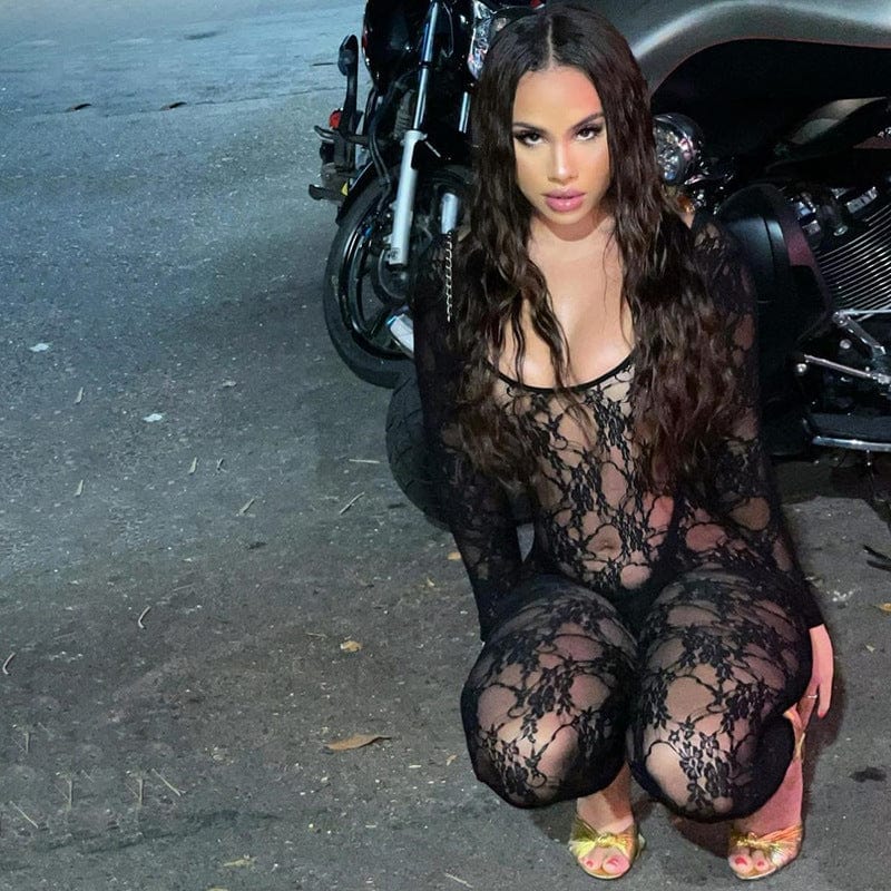 2022 New Fashion  Women Jumpsuits Black Stretch Lace jacquard  One Piece Jumpsuits