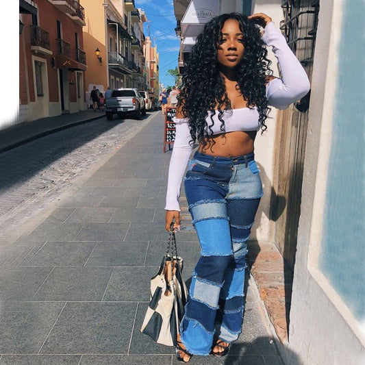 2022  New High Quality Women High Waist Stretchy Patchwork Denim Pants Jeans