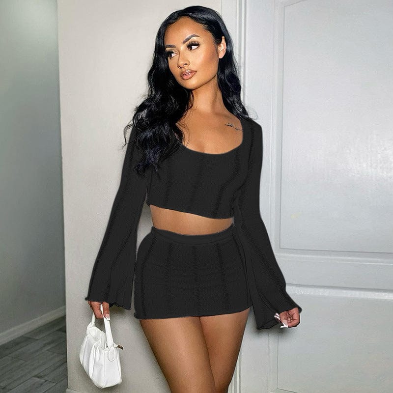 2022 New Style For Summer Women Two Piece Suits Solid Slim Two Piece Short Set For Women Long Sleeves Top With Mini Skirt Set