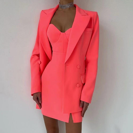 2022 New Style Ladies Solid Color High Waist Strap Skirt + Over Size Blazer