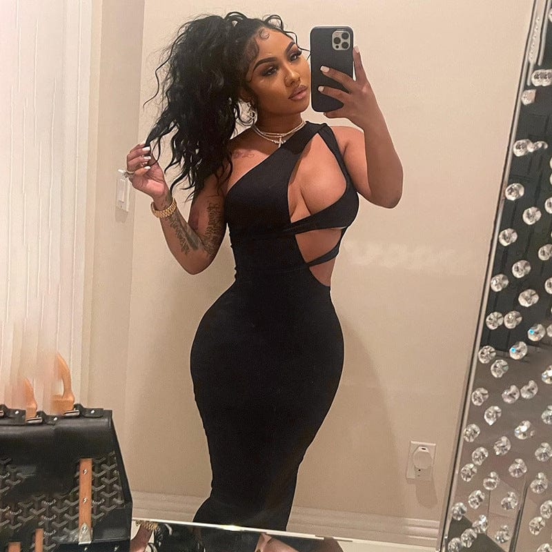 2022 New Summer Solid Color One Shoulder Sleeveless Cutout Sexy Irregular Womens Dresses