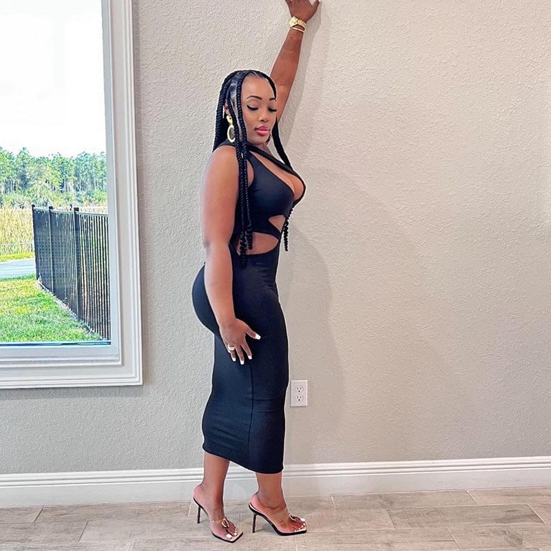 2022 New Summer Solid Color One Shoulder Sleeveless Cutout Sexy Irregular Womens Dresses