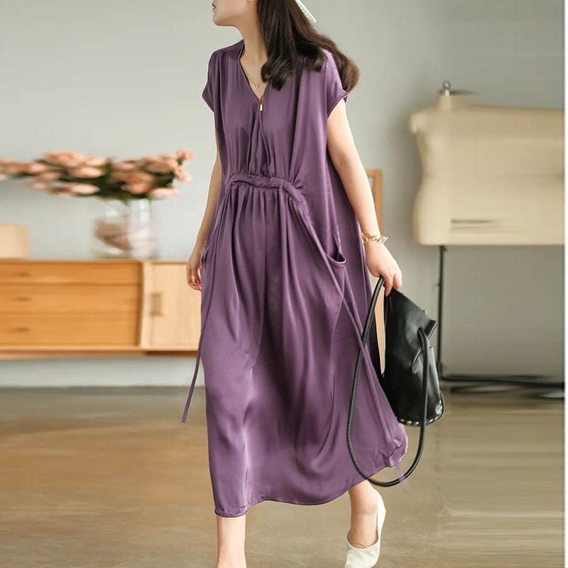 2022  Purple Satin Raglan Sleeves Comfortable Drawstring Women Elegant Long Korean Dresses New Fashion Lady Bohemian Dress
