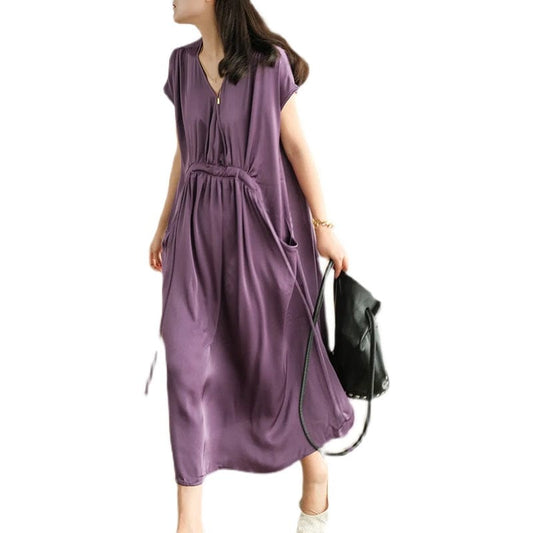 2022  Purple Satin Raglan Sleeves Comfortable Drawstring Women Elegant Long Korean Dresses New Fashion Lady Bohemian Dress
