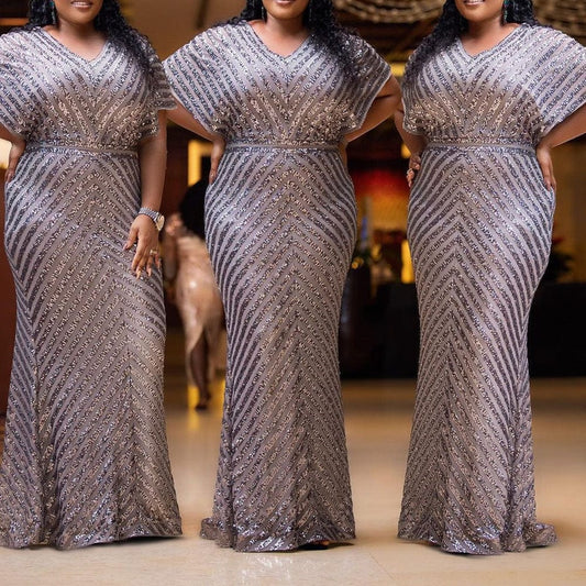 2022 Sexy Fashion Plus Size Women Clothing Lady Deep V Neck Lace Prom Dress Long Sleeve See Through Lace Dress Xl-6xl