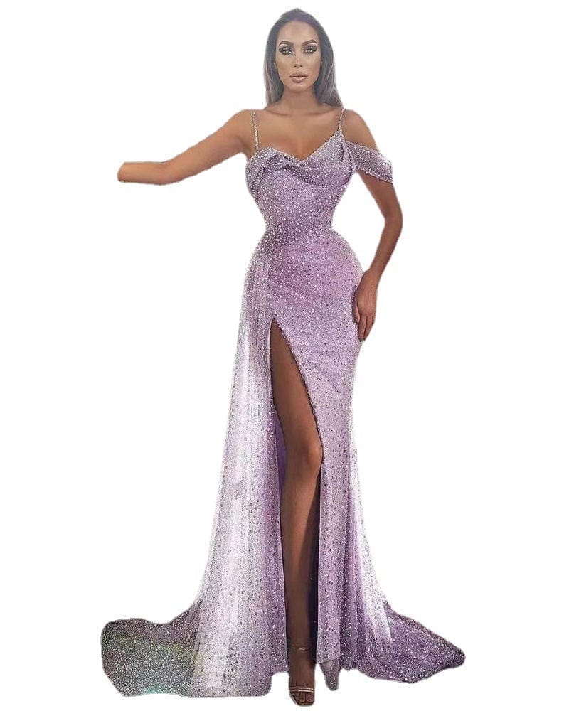 2022 Sexy Sling Long Dress Slit Sequin Irregular Evening Dress Sparkling Birthday Party Dress