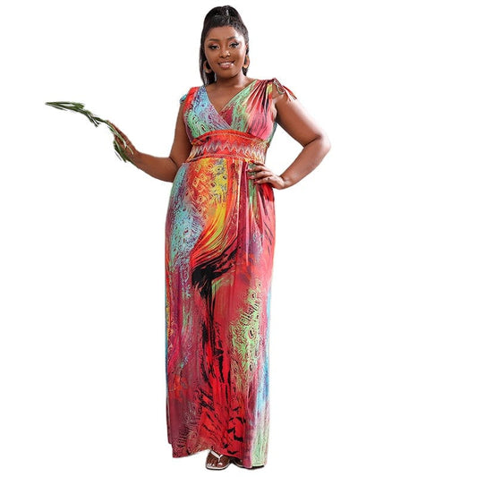 2022 Simi Yafeng Large Size Print Slim Ice Silk Dress Beach Holiday Beach Skirt