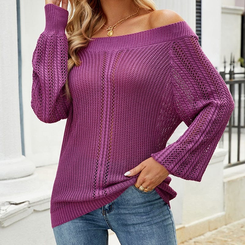 2022 Spring And Summer New Hollow Knitwear Solid Color Loose Sexy Shoulder-Baring Sweater Women