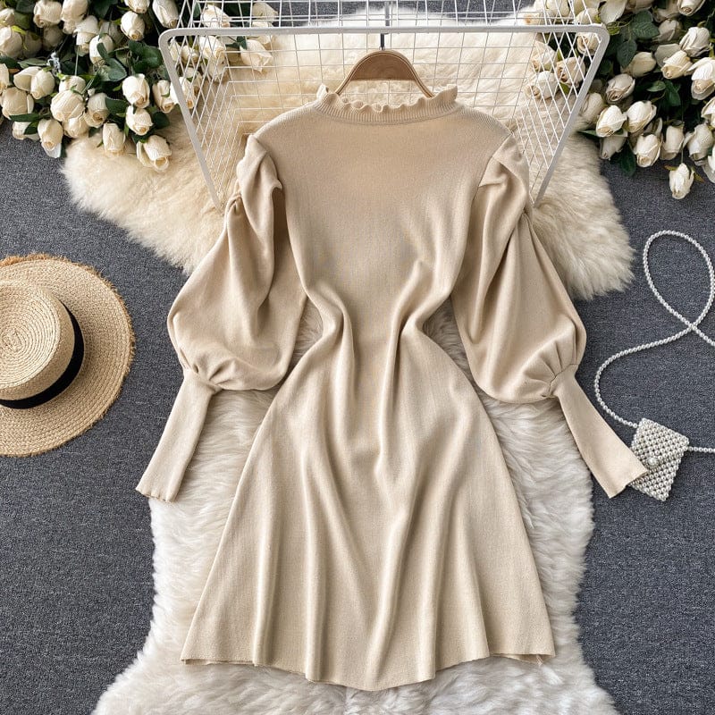 2022 Spring  Autumn New Korean Version Of The French Design Hollow Lantern Sleeve Knitted Casual Dresses Women
