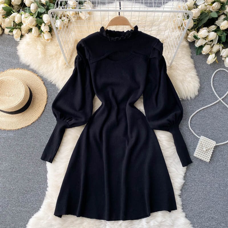 2022 Spring  Autumn New Korean Version Of The French Design Hollow Lantern Sleeve Knitted Casual Dresses Women