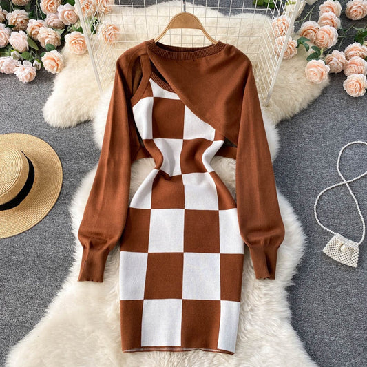 2022 Spring Fall Suspender Long Sleeves Knitted Blouse Set Woman Casual Two Piece Dress Set Woman