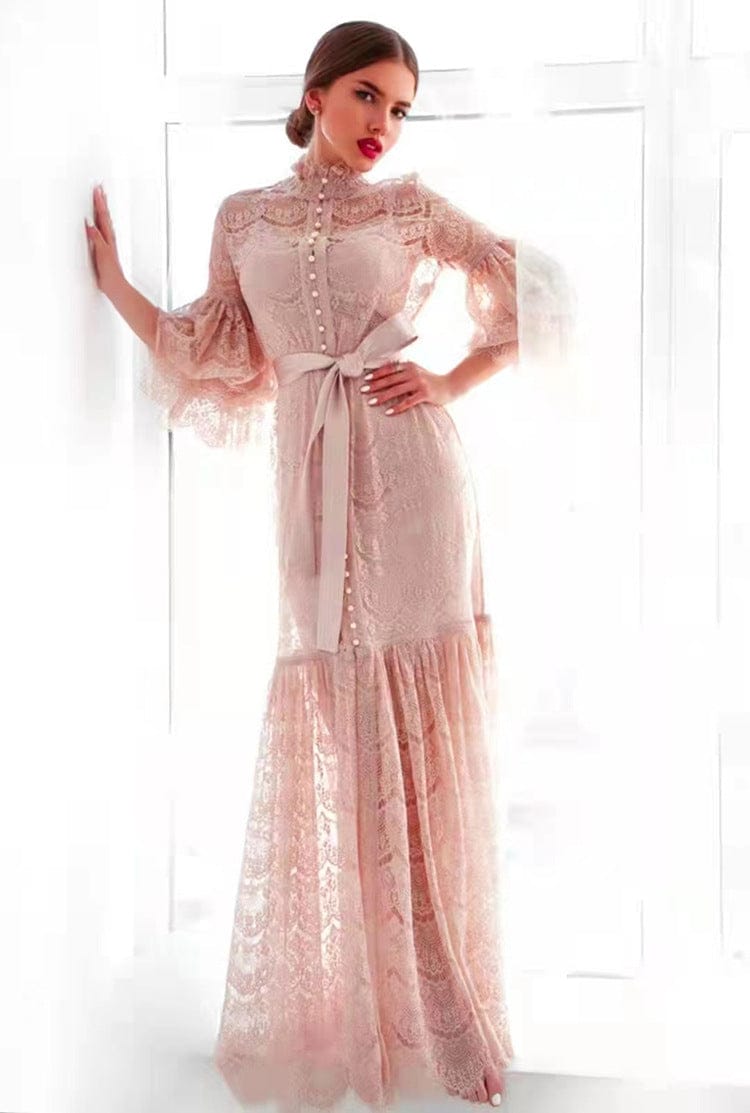 2022  Spring New Arrivals  Retro Fashion Lace Solid Color Lotus Leaf Sleeve Belt Stand Collar Women'S Dress