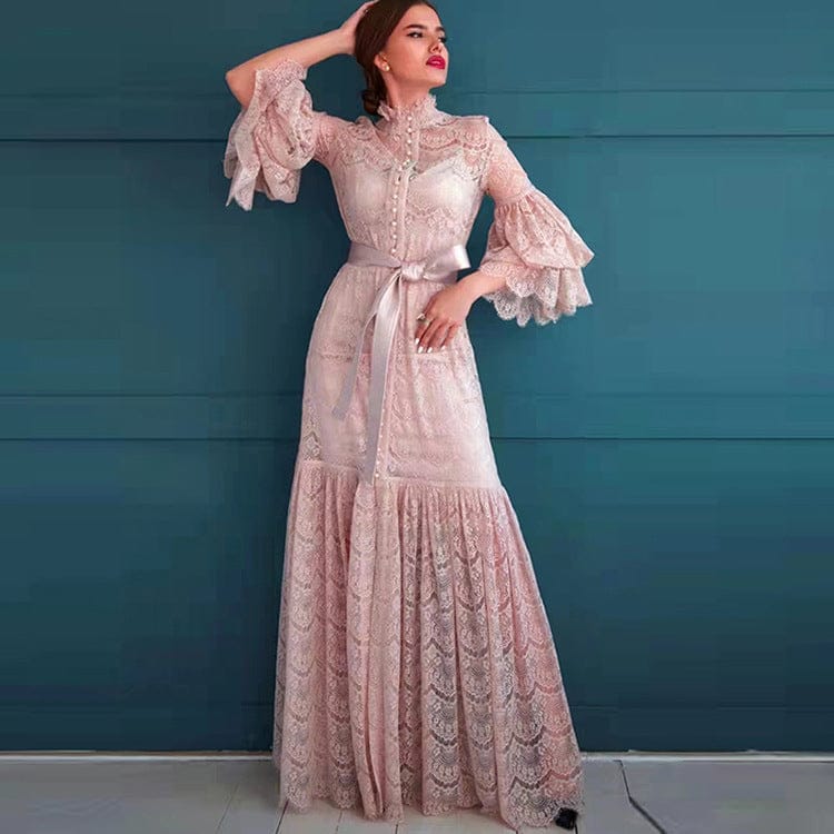 2022  Spring New Arrivals  Retro Fashion Lace Solid Color Lotus Leaf Sleeve Belt Stand Collar Women'S Dress