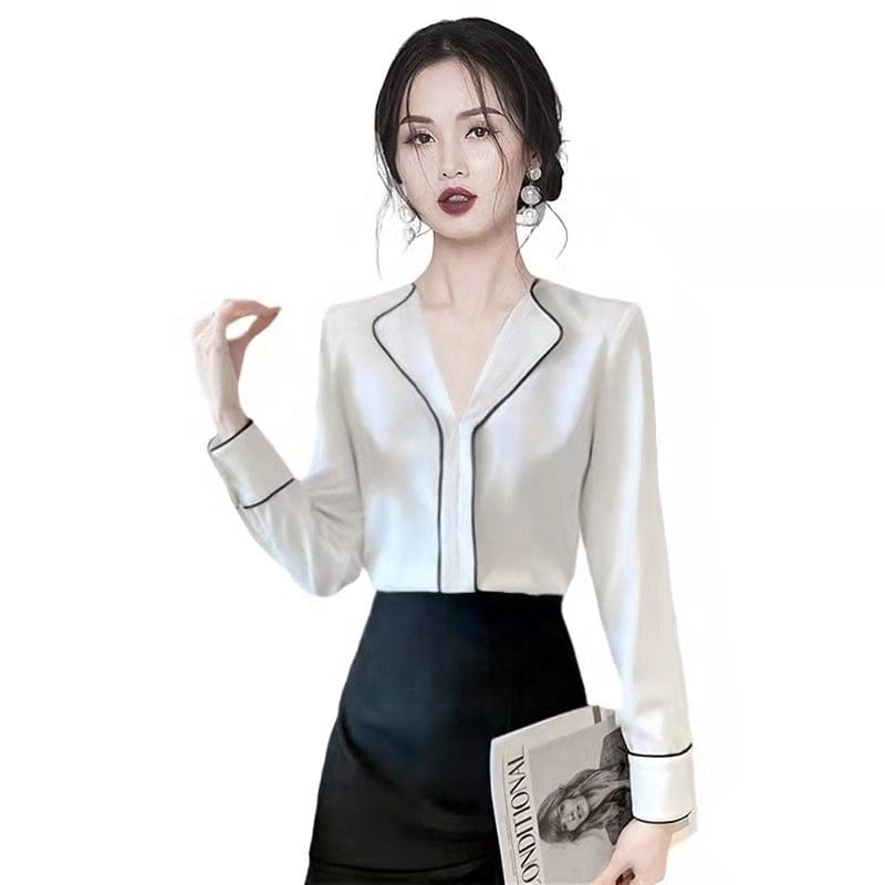 2022 Spring New Hong Kong Style Business Temperament Fashionable V-Neck Shirt Women's Chic Design All-Match Top