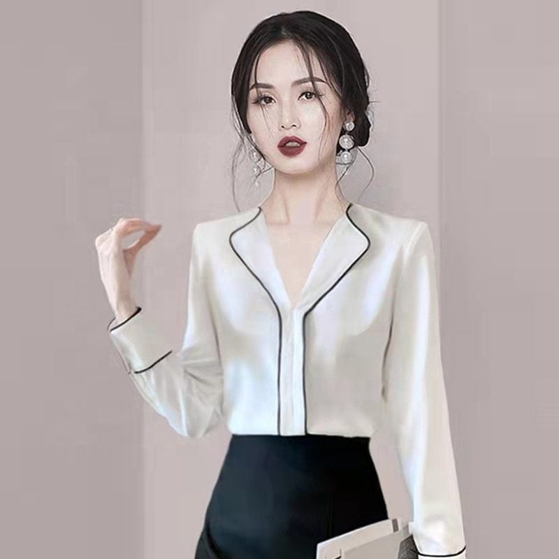 2022 Spring New Hong Kong Style Business Temperament Fashionable V-Neck Shirt Women's Chic Design All-Match Top