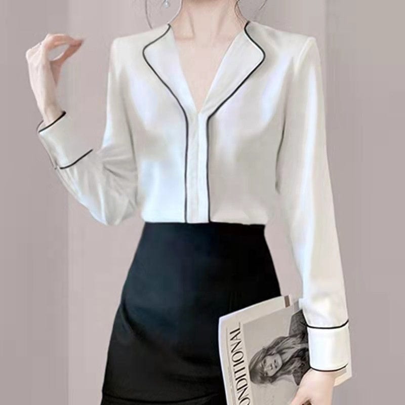 2022 Spring New Hong Kong Style Business Temperament Fashionable V-Neck Shirt Women's Chic Design All-Match Top