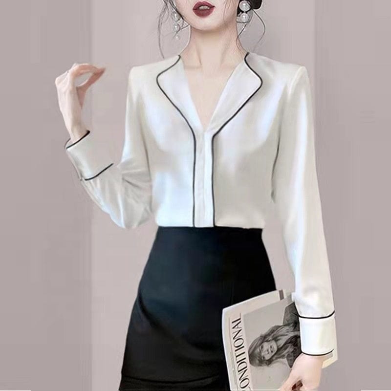 2022 Spring New Hong Kong Style Business Temperament Fashionable V-Neck Shirt Women's Chic Design All-Match Top