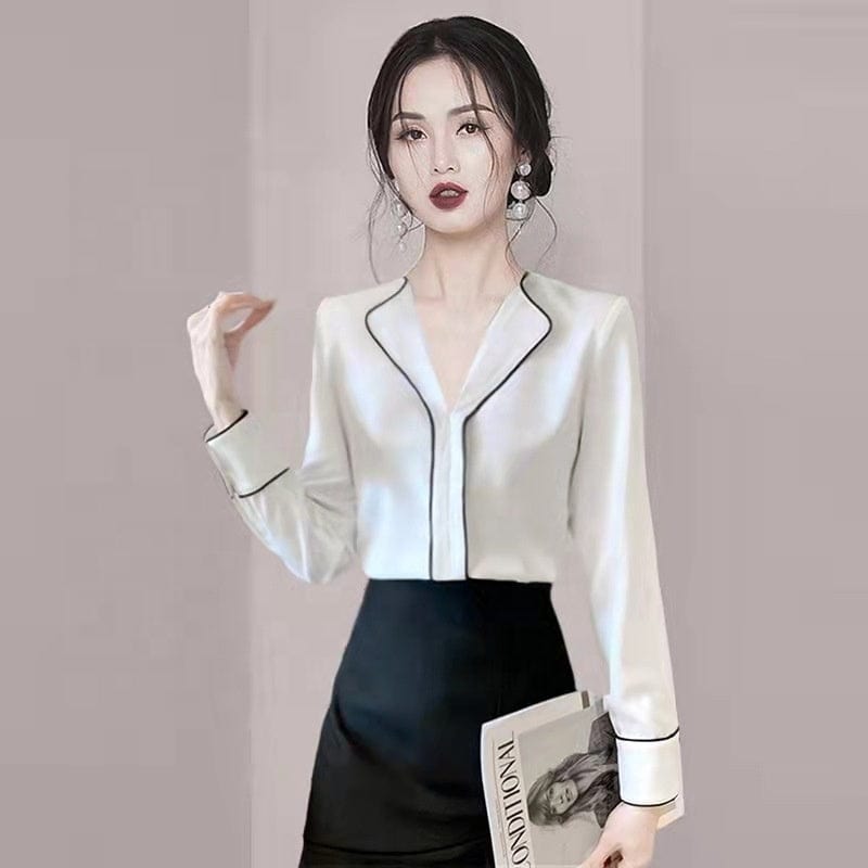 2022 Spring New Hong Kong Style Business Temperament Fashionable V-Neck Shirt Women's Chic Design All-Match Top