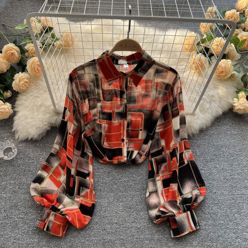 2022 spring new retro contrast color printing loose puff sleeve shirt women