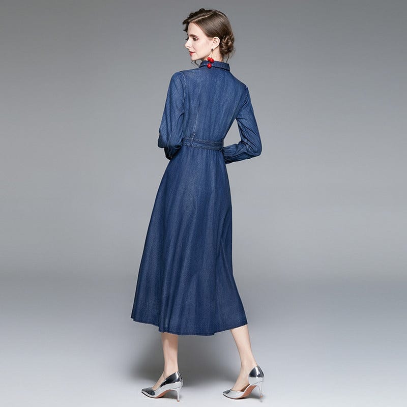 2022 spring new women's long-sleeved retro heavy industry embroidered denim dress waist long skirt TS33520115