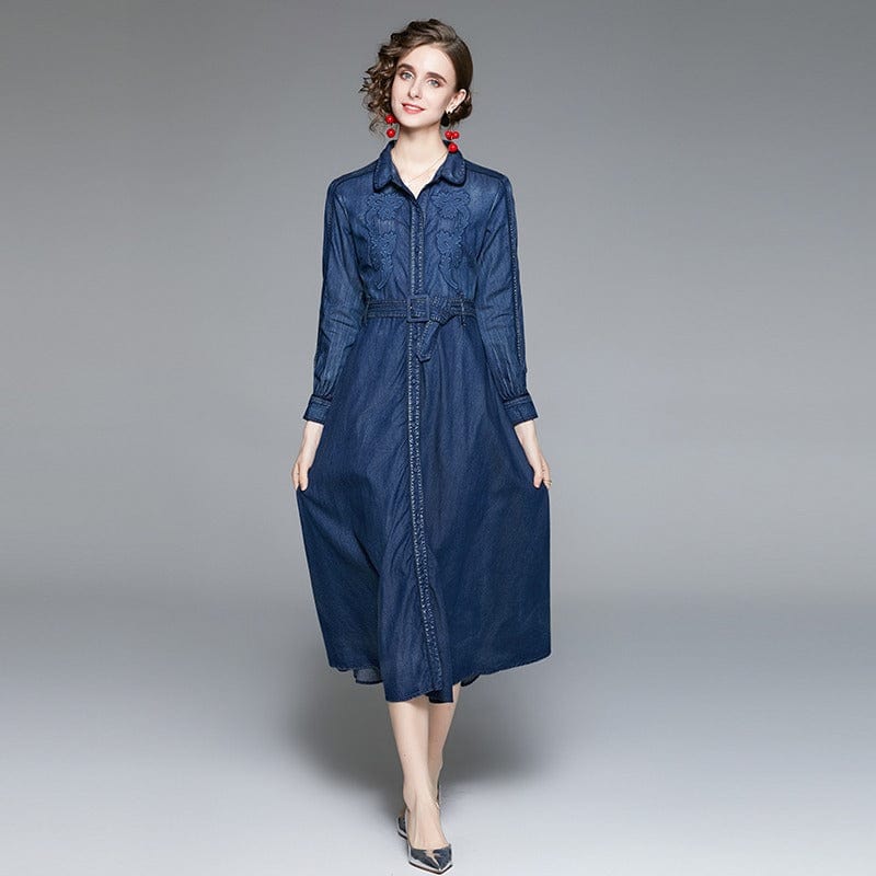 2022 spring new women's long-sleeved retro heavy industry embroidered denim dress waist long skirt TS33520115