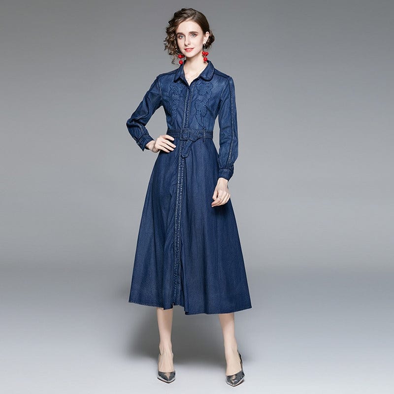 2022 spring new women's long-sleeved retro heavy industry embroidered denim dress waist long skirt TS33520115