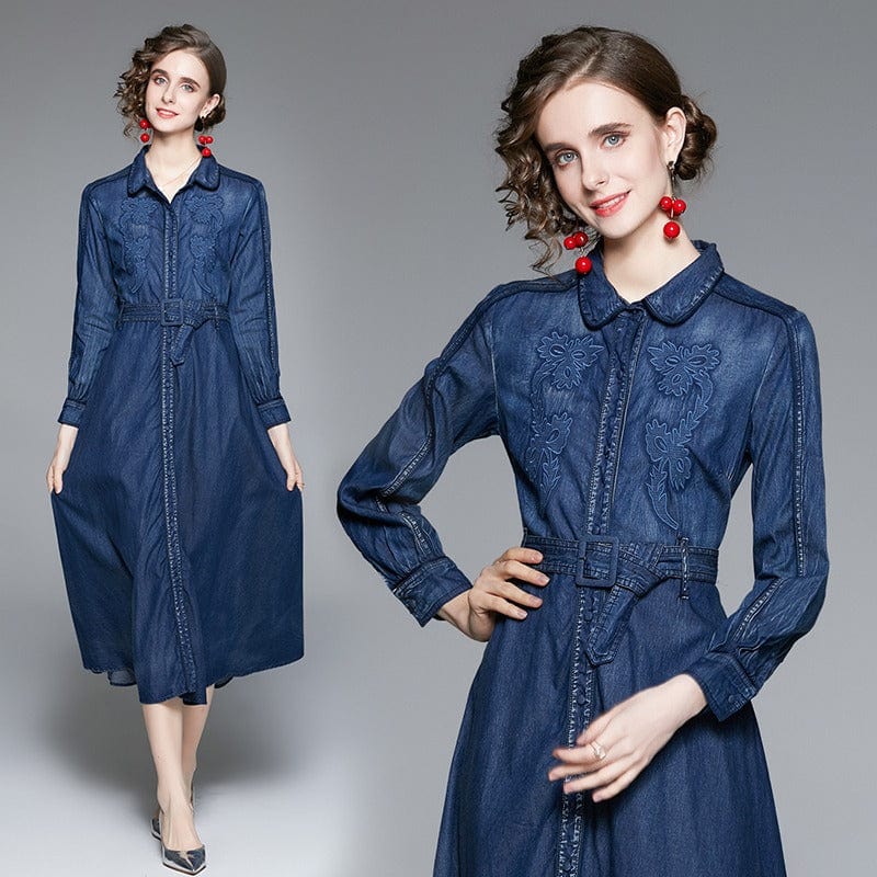 2022 spring new women's long-sleeved retro heavy industry embroidered denim dress waist long skirt TS33520115