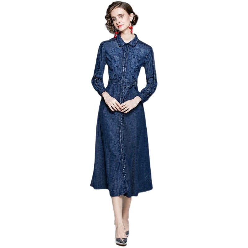 2022 spring new women's long-sleeved retro heavy industry embroidered denim dress waist long skirt TS33520115