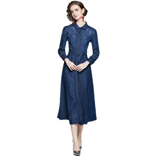 2022 spring new women's long-sleeved retro heavy industry embroidered denim dress waist long skirt TS33520115