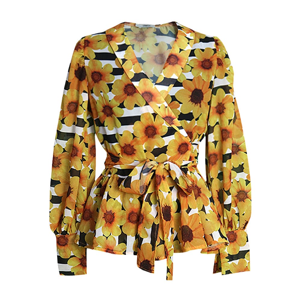 2022 Spring Sexy Yellow Autumn Printed See Through V Neck Women Blouse