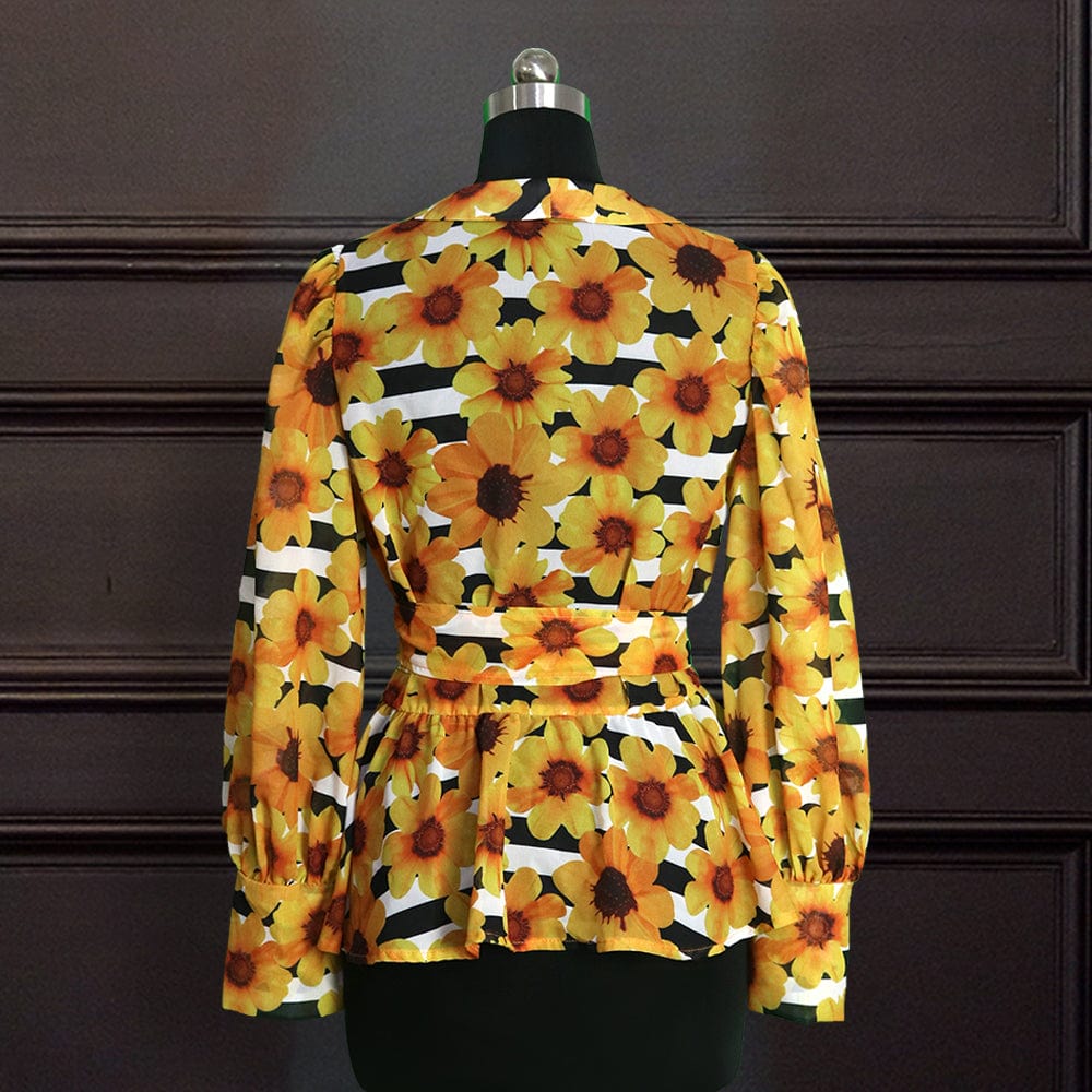 2022 Spring Sexy Yellow Autumn Printed See Through V Neck Women Blouse