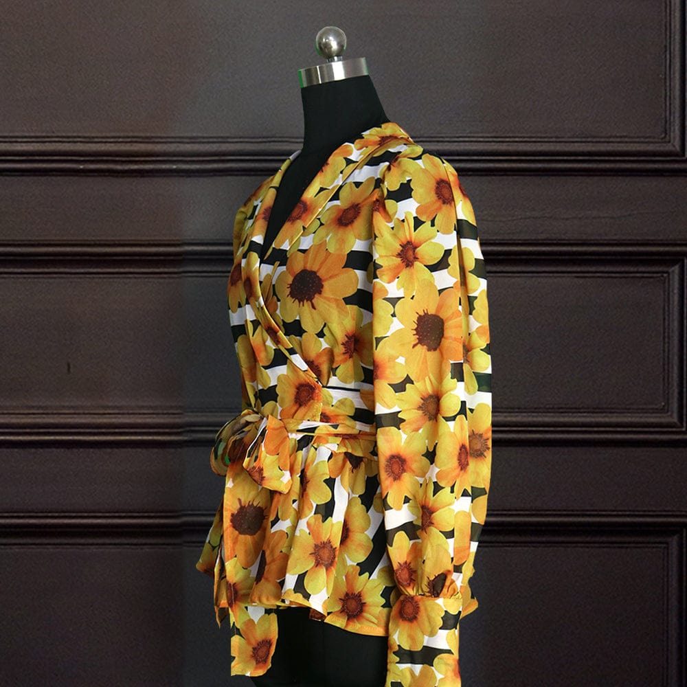 2022 Spring Sexy Yellow Autumn Printed See Through V Neck Women Blouse