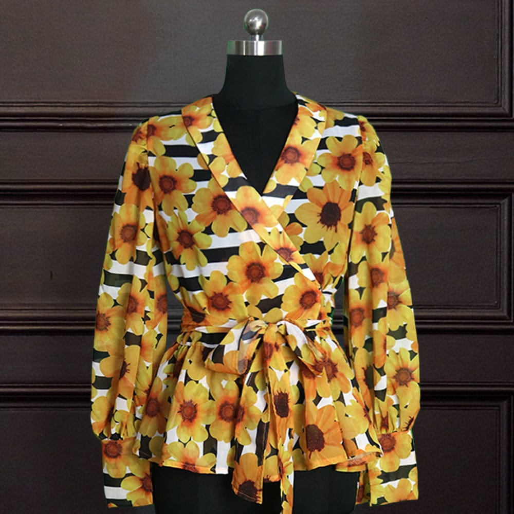2022 Spring Sexy Yellow Autumn Printed See Through V Neck Women Blouse