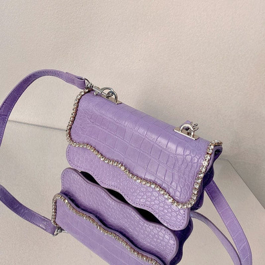 2022 Spring Summer New Arrival Women WAVY RUFFLED SASSY HANDBAG CROCODILE PURSE WITH RHINESTONE EDGE