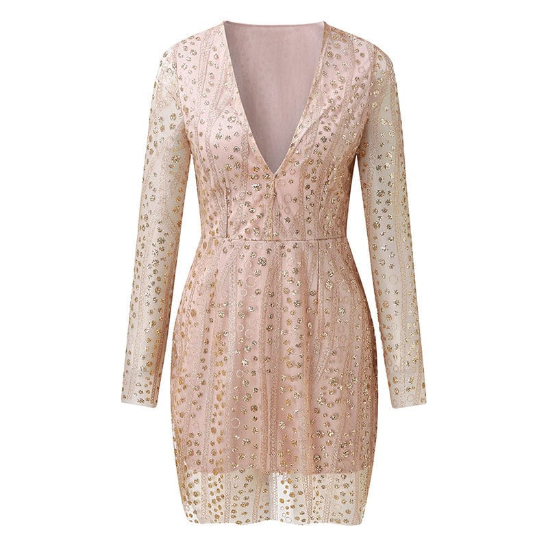 2022 Spring Summer New Model Sexy Deep V Long Sleeve Sequined Dress Temperament Party Dress