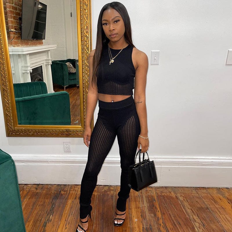 2022 Spring Women Outfit Sleeveless Hollow Out  Vest  Skinny Peach Bottom Mesh Trousers 2 Piece Set Women