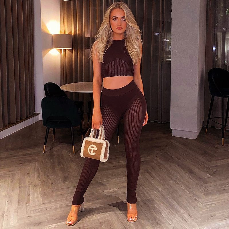 2022 Spring Women Outfit Sleeveless Hollow Out  Vest  Skinny Peach Bottom Mesh Trousers 2 Piece Set Women