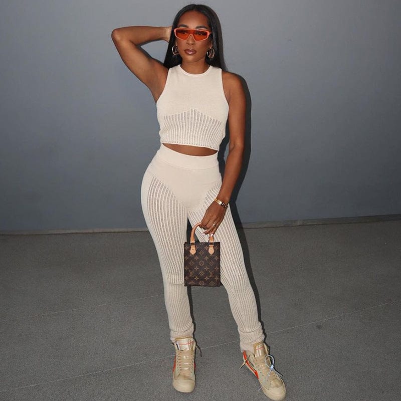 2022 Spring Women Outfit Sleeveless Hollow Out  Vest  Skinny Peach Bottom Mesh Trousers 2 Piece Set Women